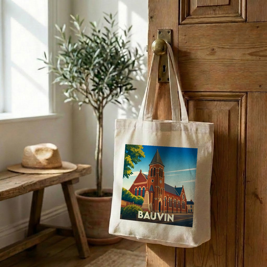 Tote bag souvenir de la ville de Bauvin orné d'une illustration stylisée de son église.