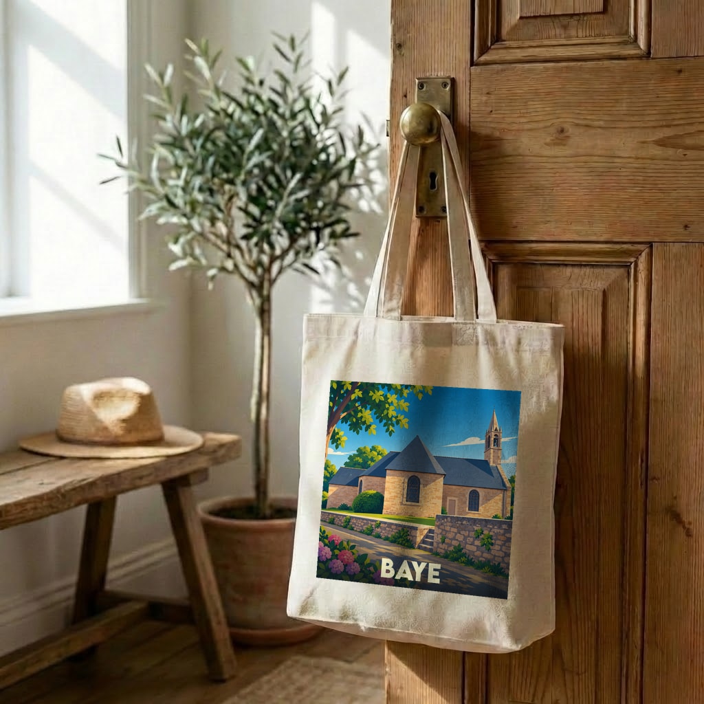 Tote bag souvenir de la ville de Baye avec une illustration stylisée de son église.