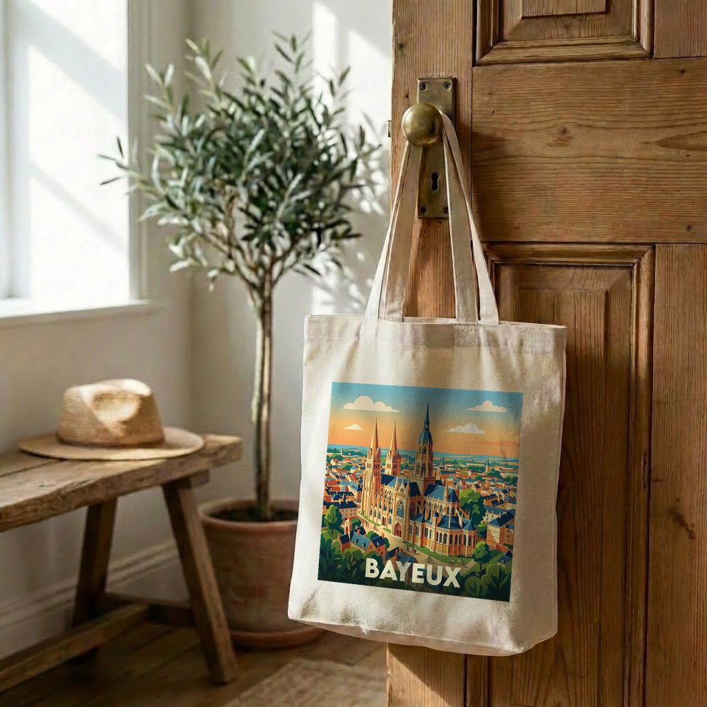 Tote bag souvenir de la ville de Bayeux avec une illustration stylisée.