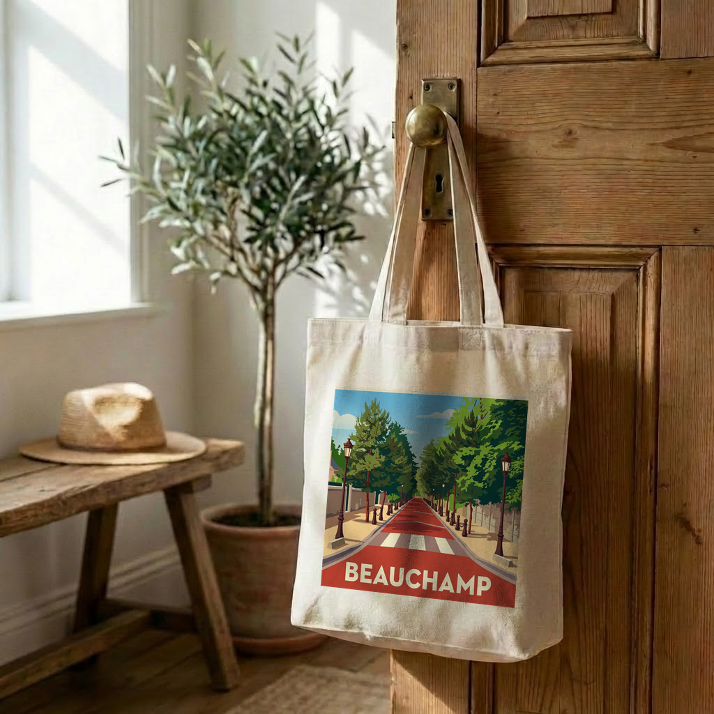 Tote bag souvenir de la ville de Beauchamp avec une illustration stylisée d'une rue bordée d'arbres.