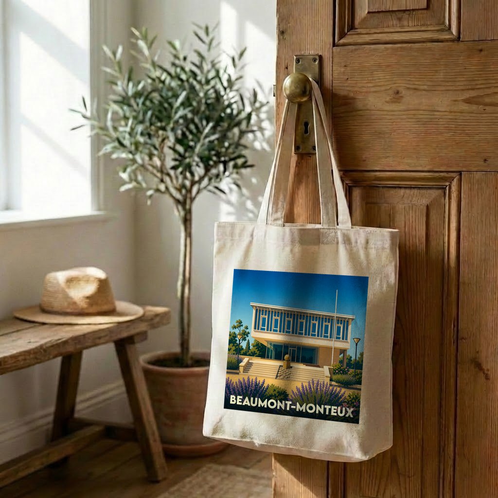 Tote bag souvenir de la ville de Beaumont-Monteux avec une illustration architecturale stylisée.