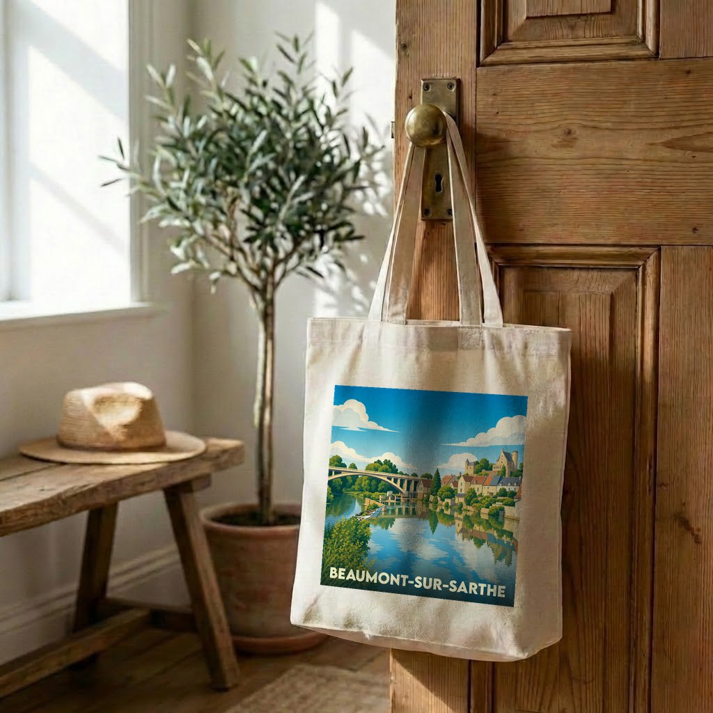 Tote bag souvenir de la ville de Beaumont-sur-Sarthe avec une illustration stylisée.