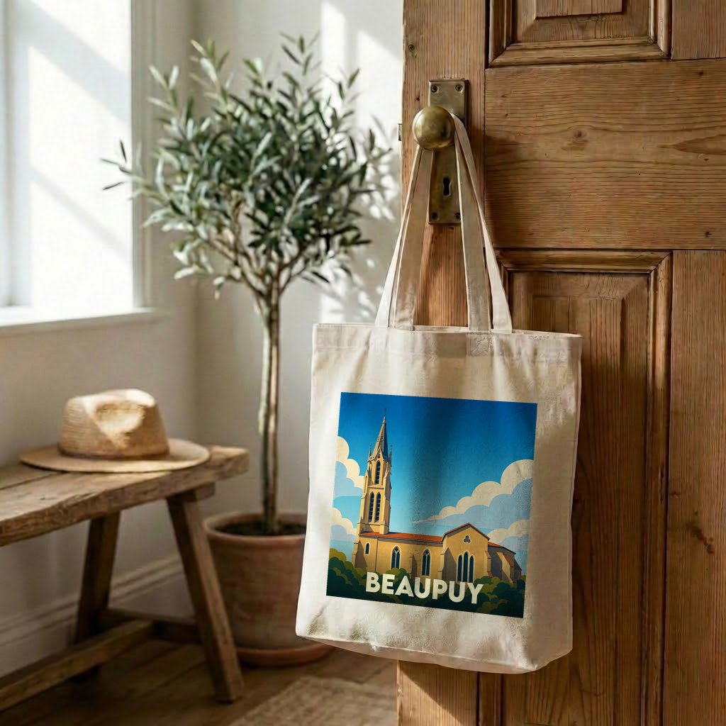 Tote bag souvenir de la ville de Beaupuy avec une illustration stylisée de son église.