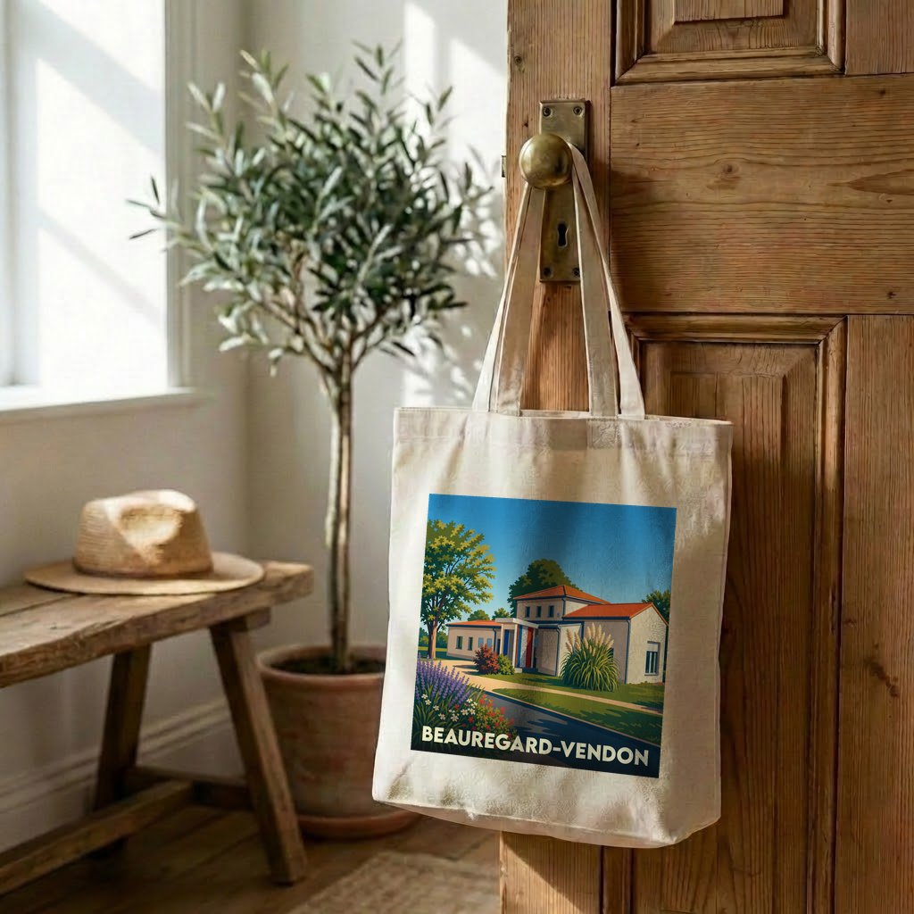 Tote bag souvenir de la ville de Beauregard-Vendon avec une illustration stylisée d'une maison.