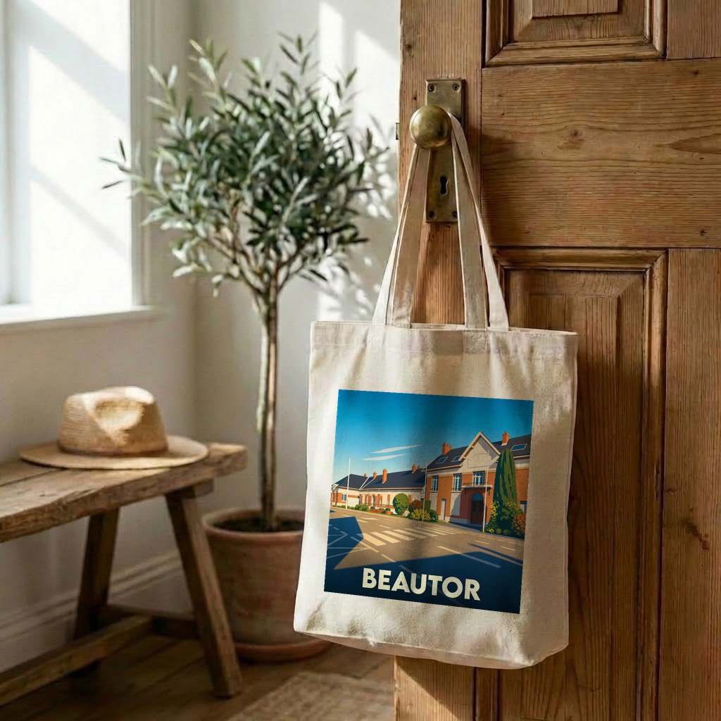 Tote bag souvenir de la ville de Beautor avec une illustration stylisée.