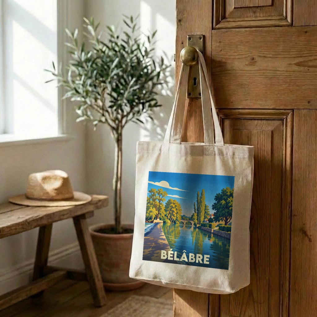 Tote bag souvenir de la ville de Bélâbre avec une illustration stylisée d'un paysage fluvial.