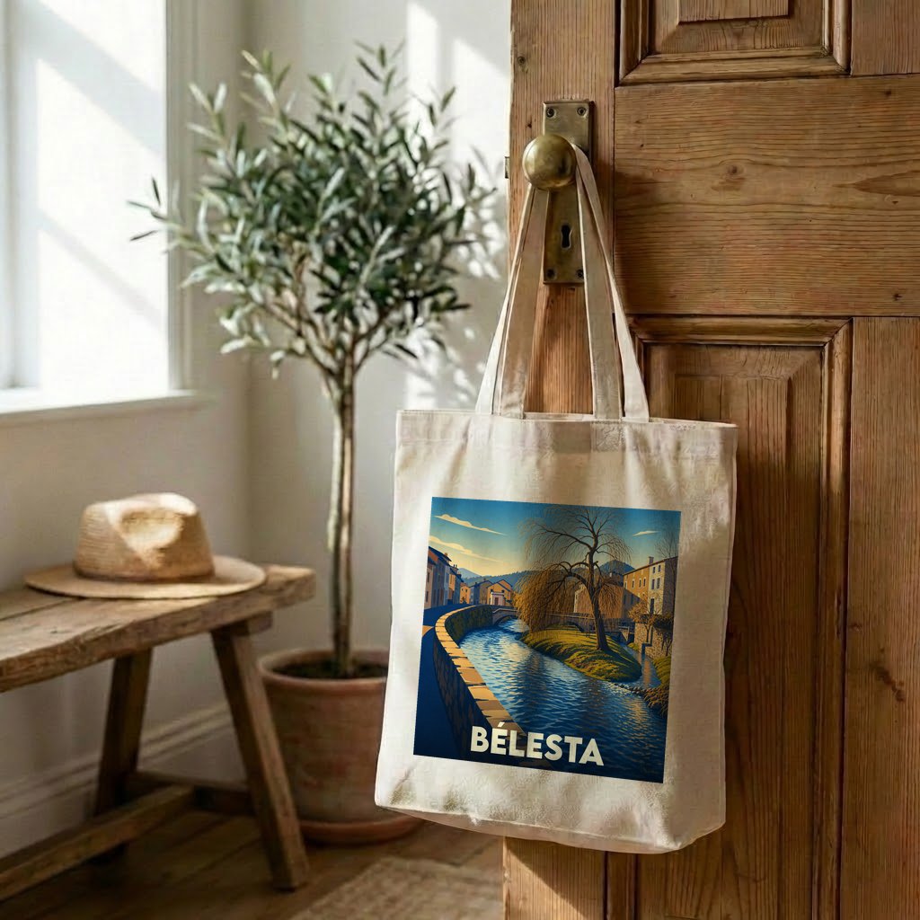 Tote bag souvenir de la ville de Bélesta avec une illustration stylisée d'un cours d'eau bordé de maisons.