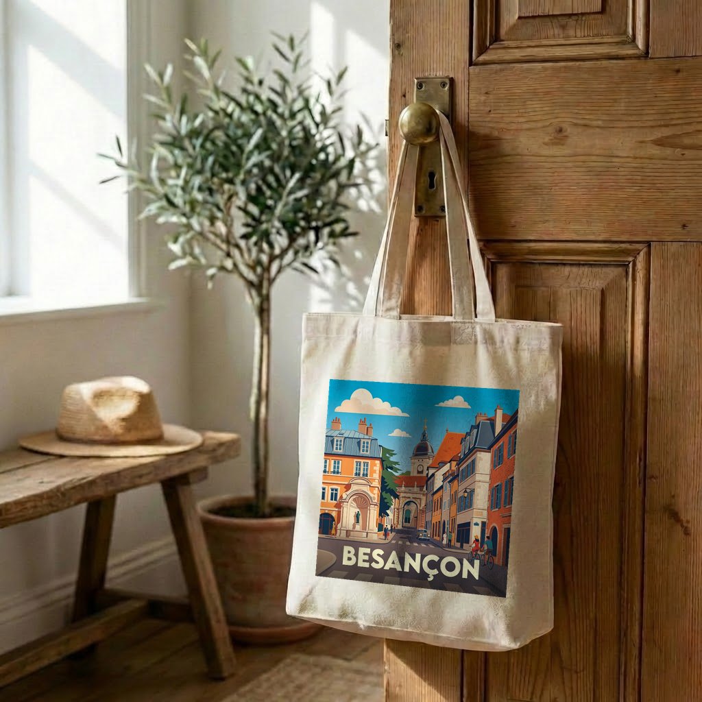 Tote bag souvenir de la ville de Besançon avec une illustration stylisée d'un paysage urbain.