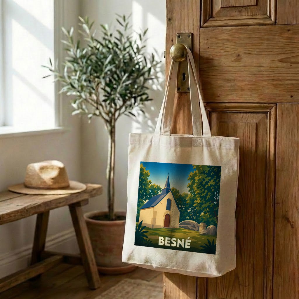 Tote bag souvenir de la ville de Besné avec une illustration stylisée d'une chapelle.