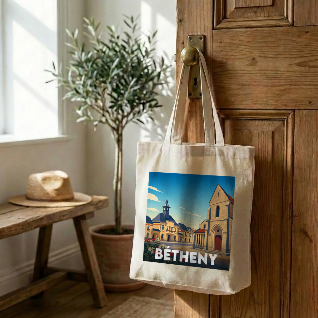 Tote bag souvenir de la ville de Bétheny avec une illustration stylisée.