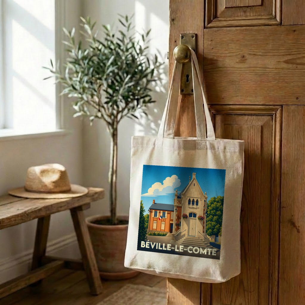 Tote bag souvenir de la ville de Béville-le-Comte avec une illustration stylisée.