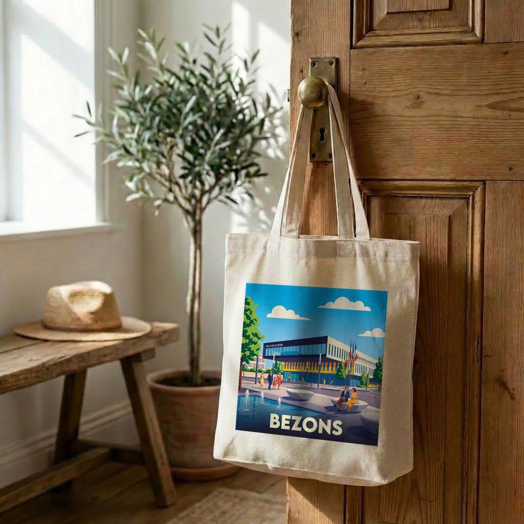 Tote bag souvenir de la ville de Bezons avec une illustration stylisée.