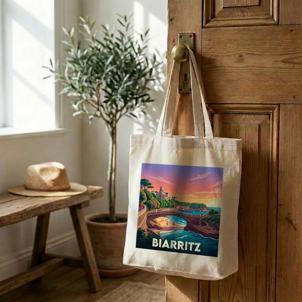 Tote bag souvenir de la ville de Biarritz avec une illustration stylisée de son littoral au coucher du soleil.