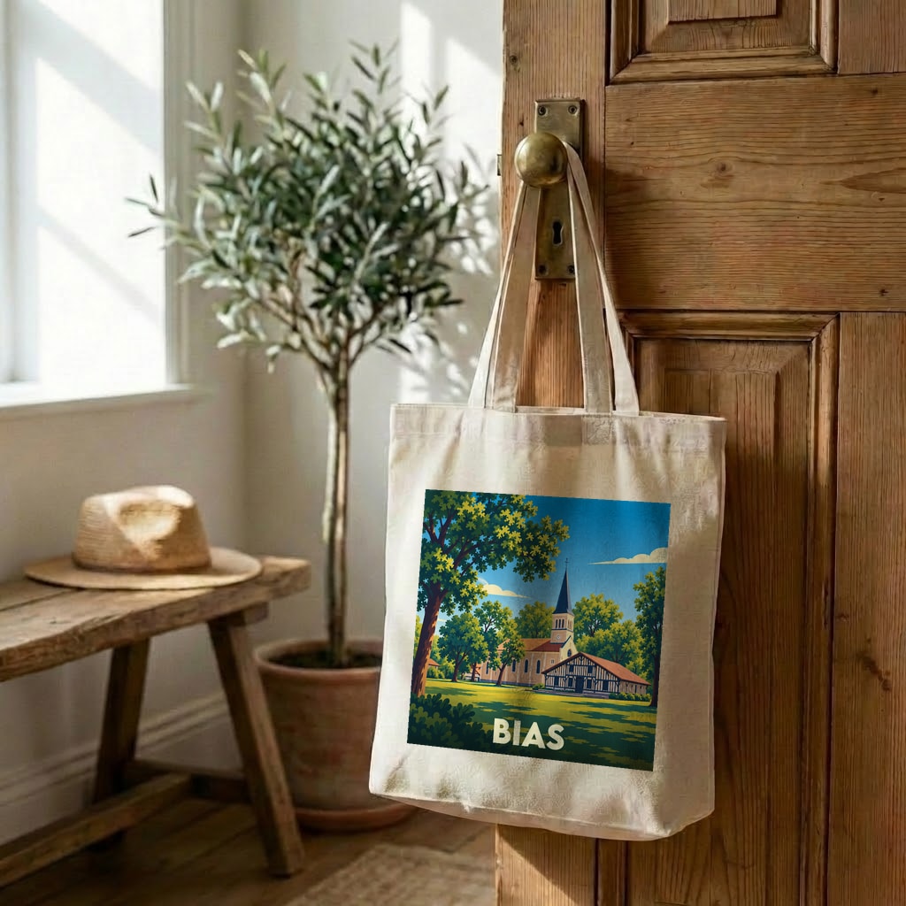 Tote bag souvenir de la ville de Bias avec une illustration stylisée.