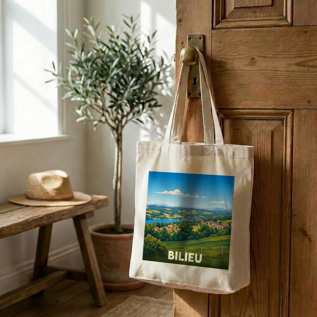 Tote bag souvenir de la ville de Bilieu avec une illustration paysagère stylisée.