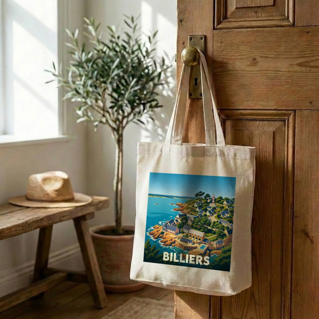 Tote bag souvenir de la ville de Billiers avec une illustration stylisée de son littoral.