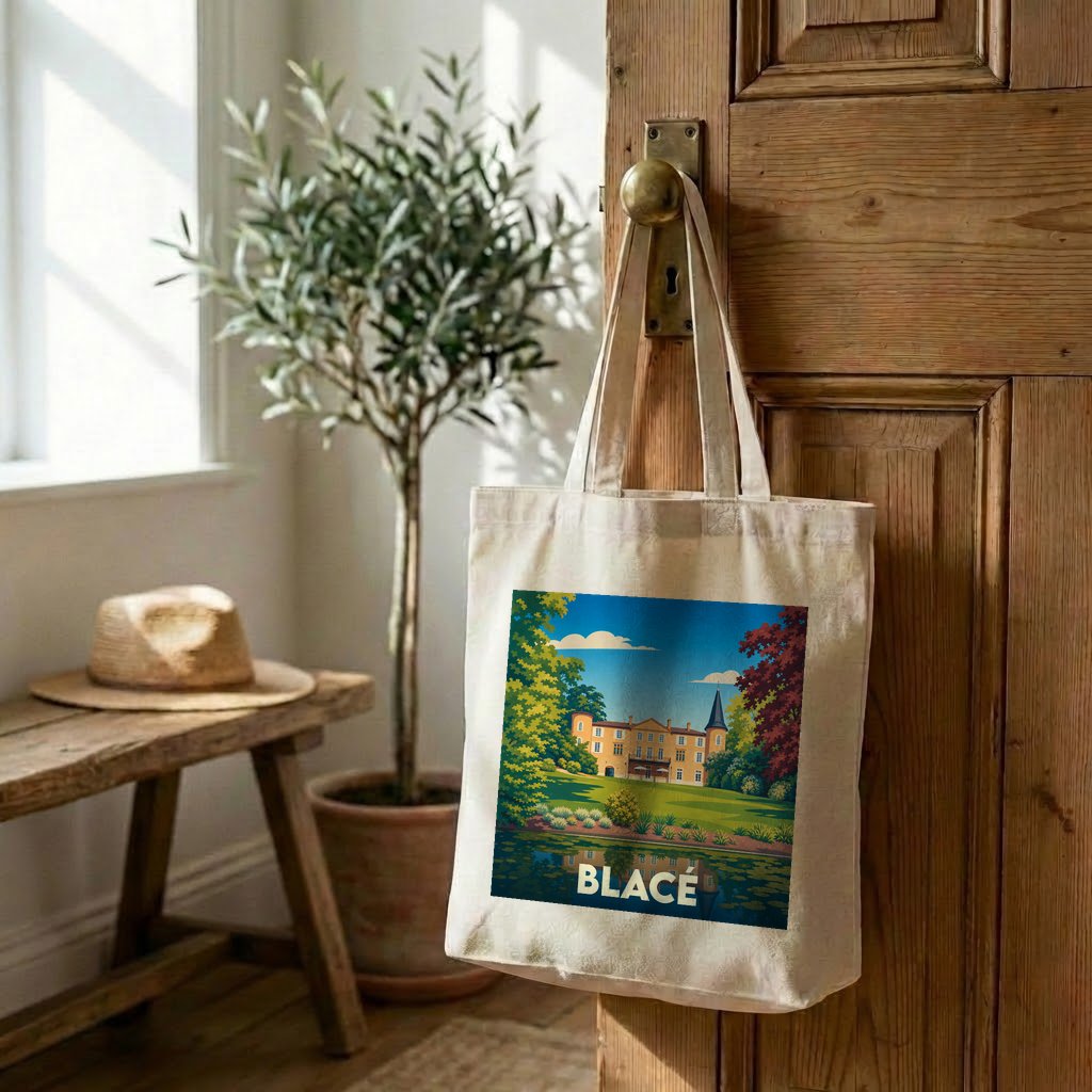 Tote bag souvenir de la ville de Blacé avec une illustration stylisée.