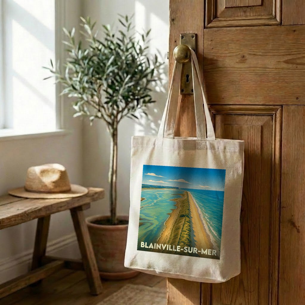 Tote bag souvenir de la ville de Blainville-sur-Mer avec une illustration stylisée de son littoral.