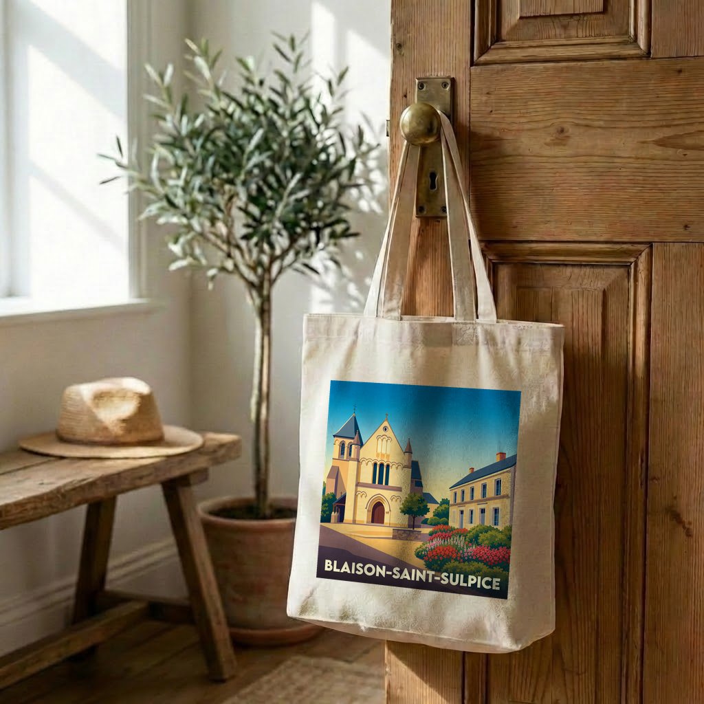 Tote bag souvenir de la ville de Blaison-Saint-Sulpice avec une illustration stylisée.