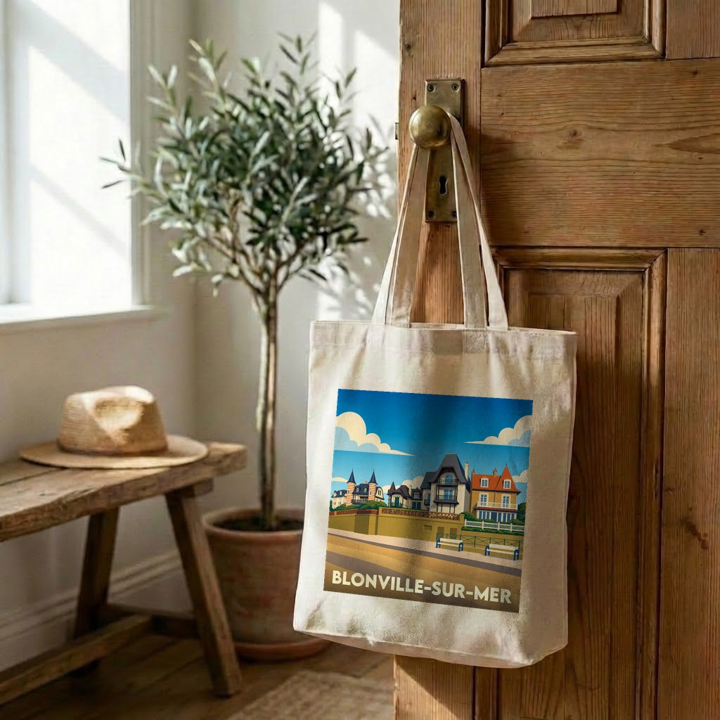 Tote bag souvenir de la ville de Blonville-sur-Mer avec une illustration stylisée de son front de mer.