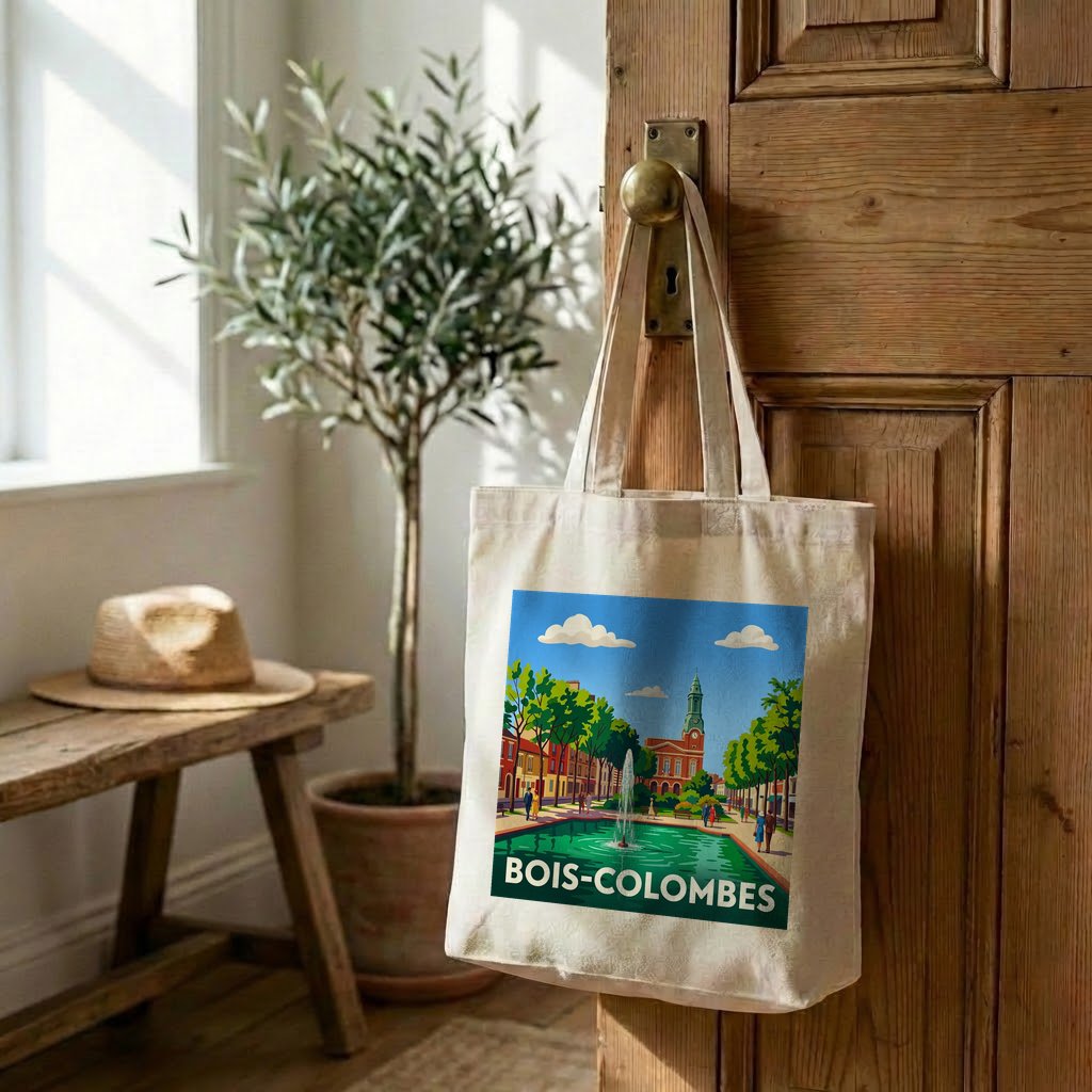 Tote bag souvenir de la ville de Bois-Colombes avec une illustration stylisée.