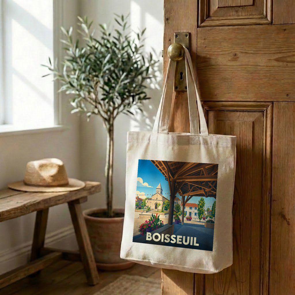 Tote bag souvenir de la ville de Boisseuil avec une illustration stylisée.