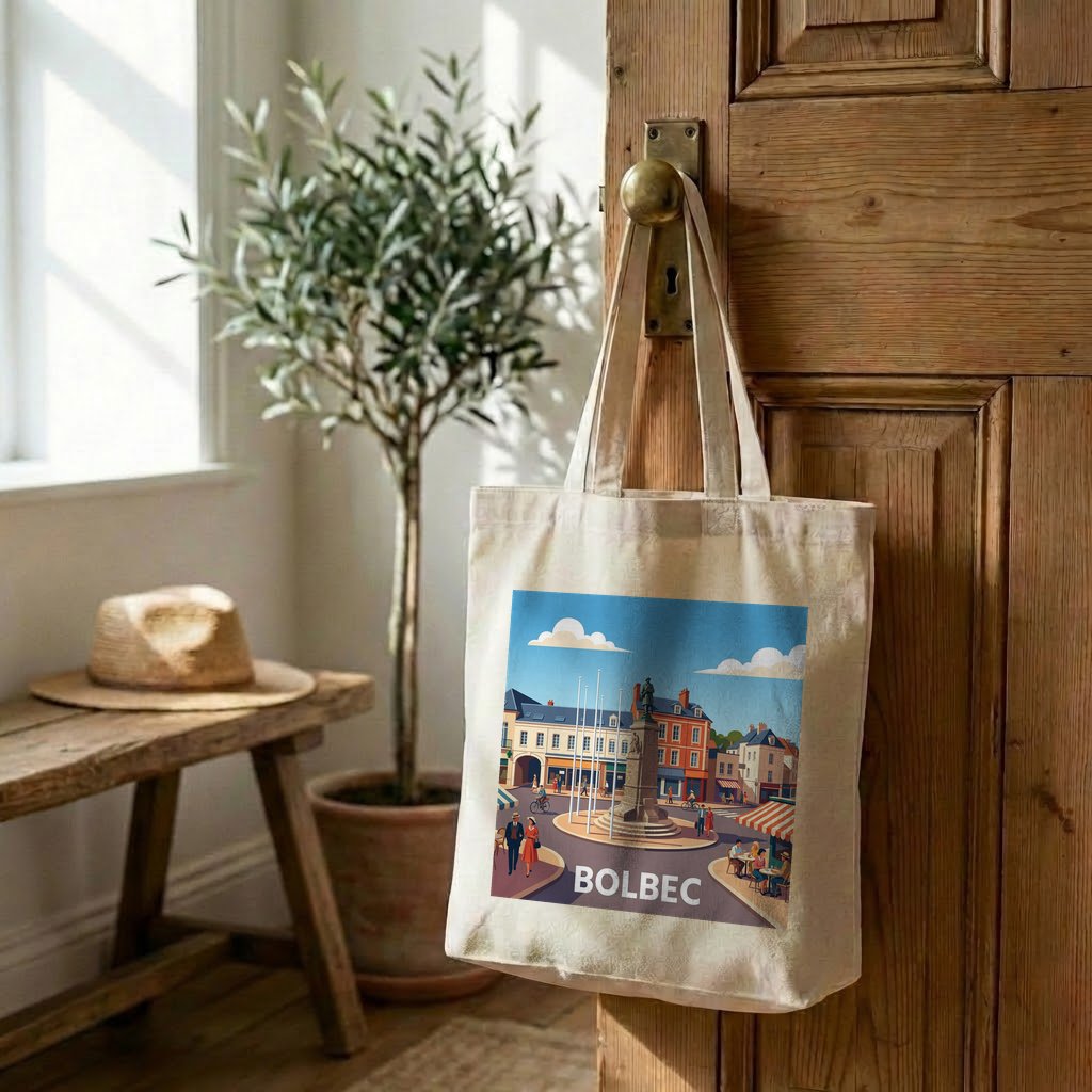 Tote bag souvenir de la ville de Bolbec avec une illustration colorée et stylisée.