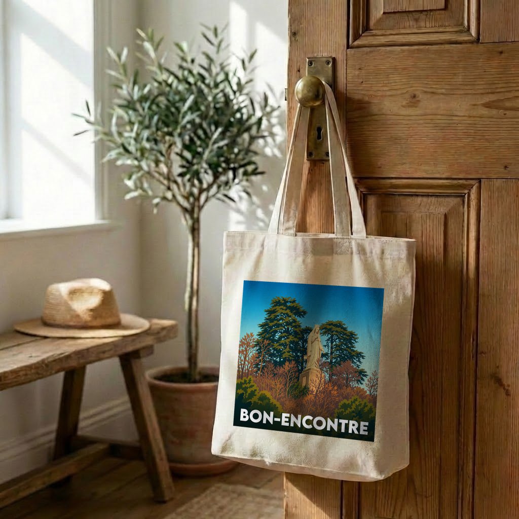 Tote bag souvenir de la ville de Bon-Encontre avec une illustration stylisée.