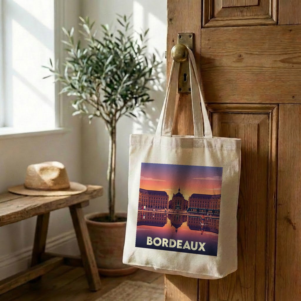 Tote bag souvenir de la ville de Bordeaux avec une illustration stylisée.