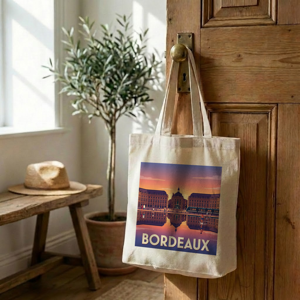 Tote bag souvenir de la ville de Bordeaux avec une illustration stylisée.