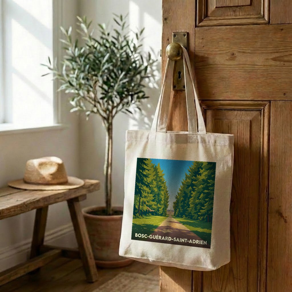 Tote bag souvenir de la ville de Bosc-Guérard-Saint-Adrien avec une illustration de forêt stylisée.