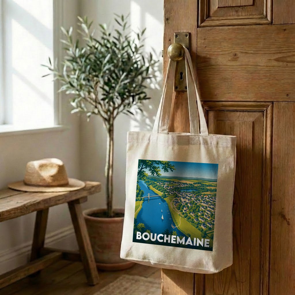 Tote bag souvenir de la ville de Bouchemaine avec une illustration paysagère stylisée.