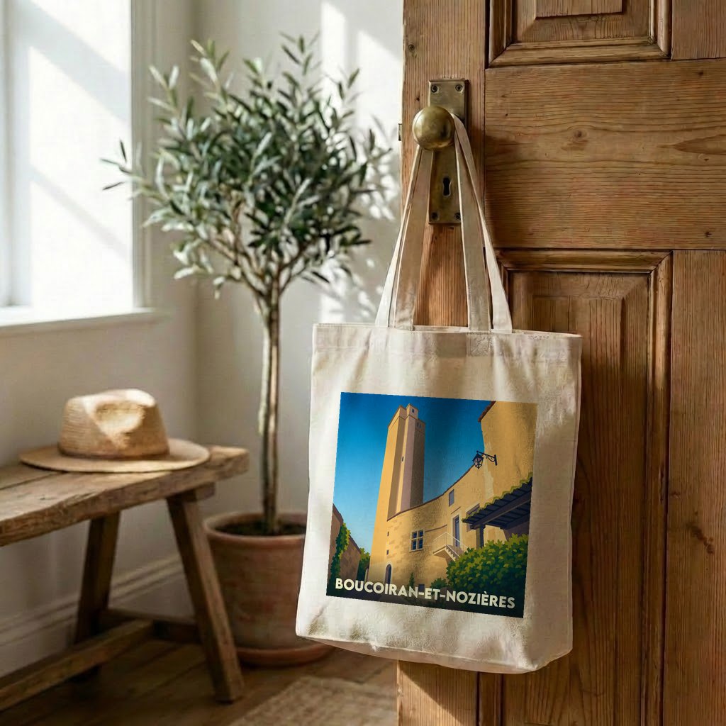 Tote bag souvenir de la ville de Boucoiran-et-Nozières avec une illustration stylisée.