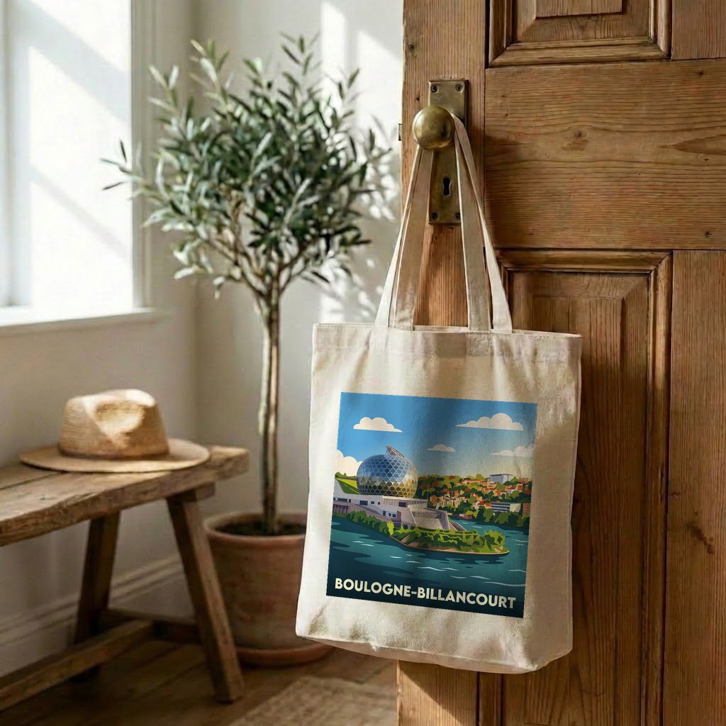 Tote bag souvenir de la ville de Boulogne-Billancourt avec une illustration stylisée.