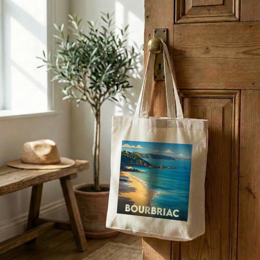 Tote bag souvenir de la ville de Bourbriac avec une illustration de paysage côtier stylisée.