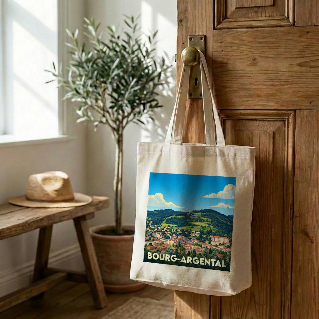 Tote bag souvenir de la ville de Bourg-Argental avec une illustration stylisée d'un paysage urbain et montagneux.