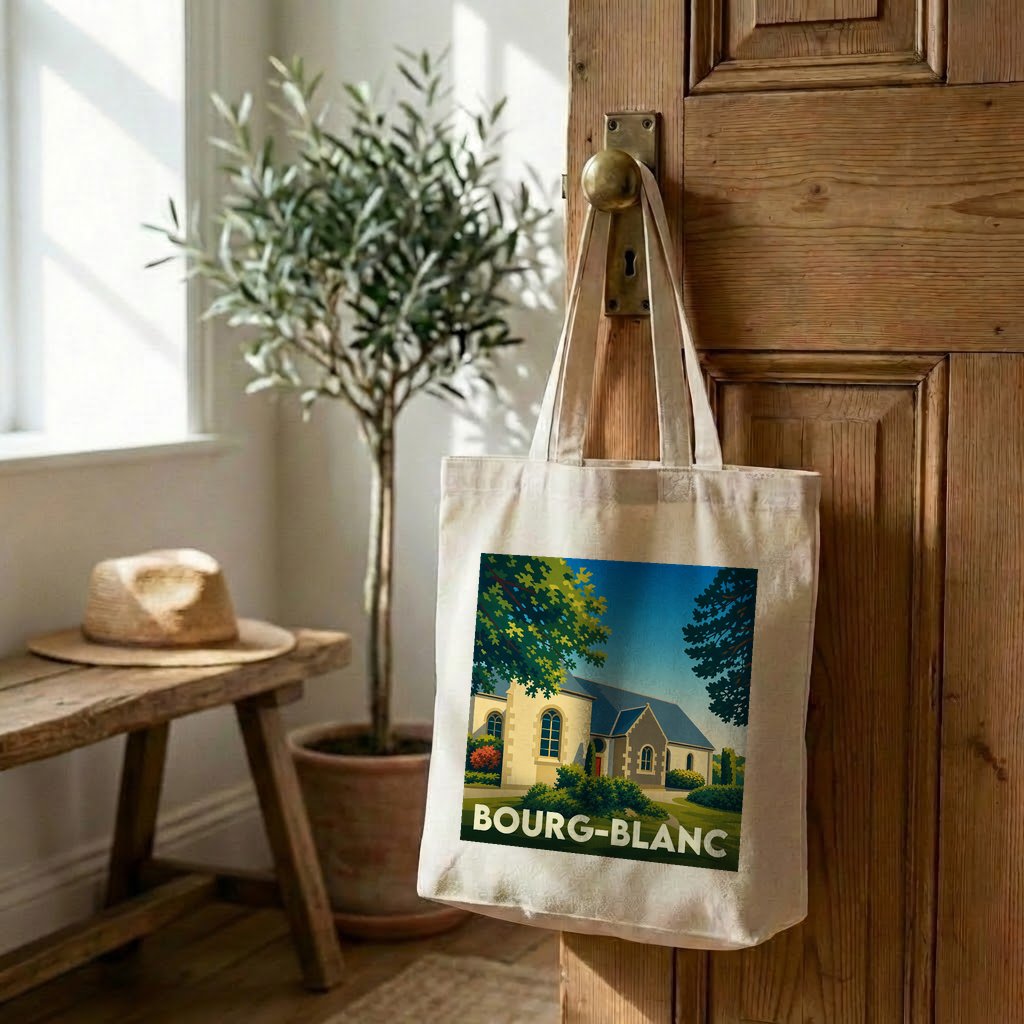 Tote bag souvenir de la ville de Bourg-Blanc avec une illustration stylisée d'une église bretonne.