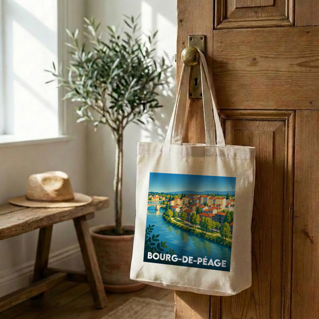 Tote bag souvenir de la ville de Bourg-de-Péage avec une illustration stylisée.