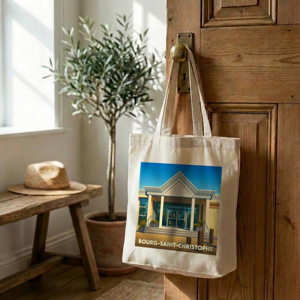 Tote bag souvenir de la ville de Bourg-Saint-Christophe avec une illustration stylisée.
