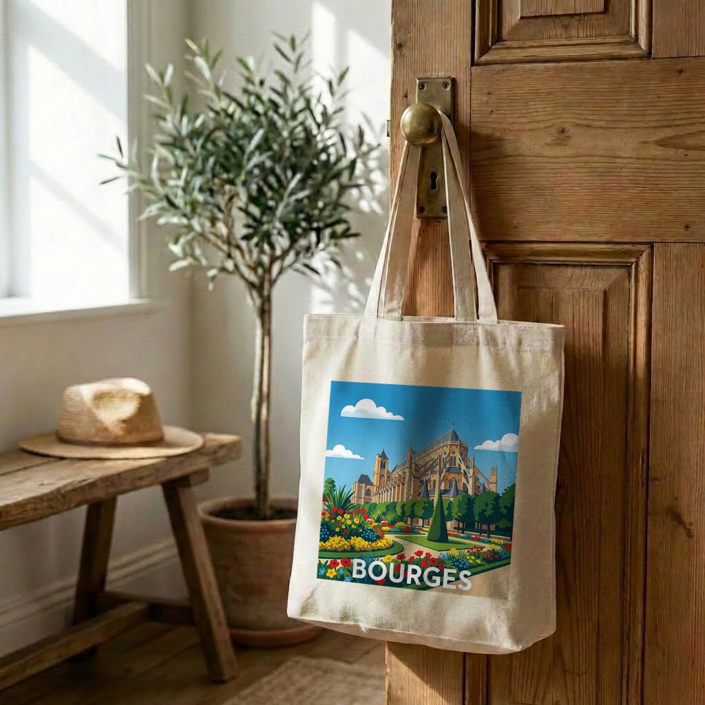 Tote bag souvenir de la ville de Bourges avec une illustration stylisée de sa cathédrale.