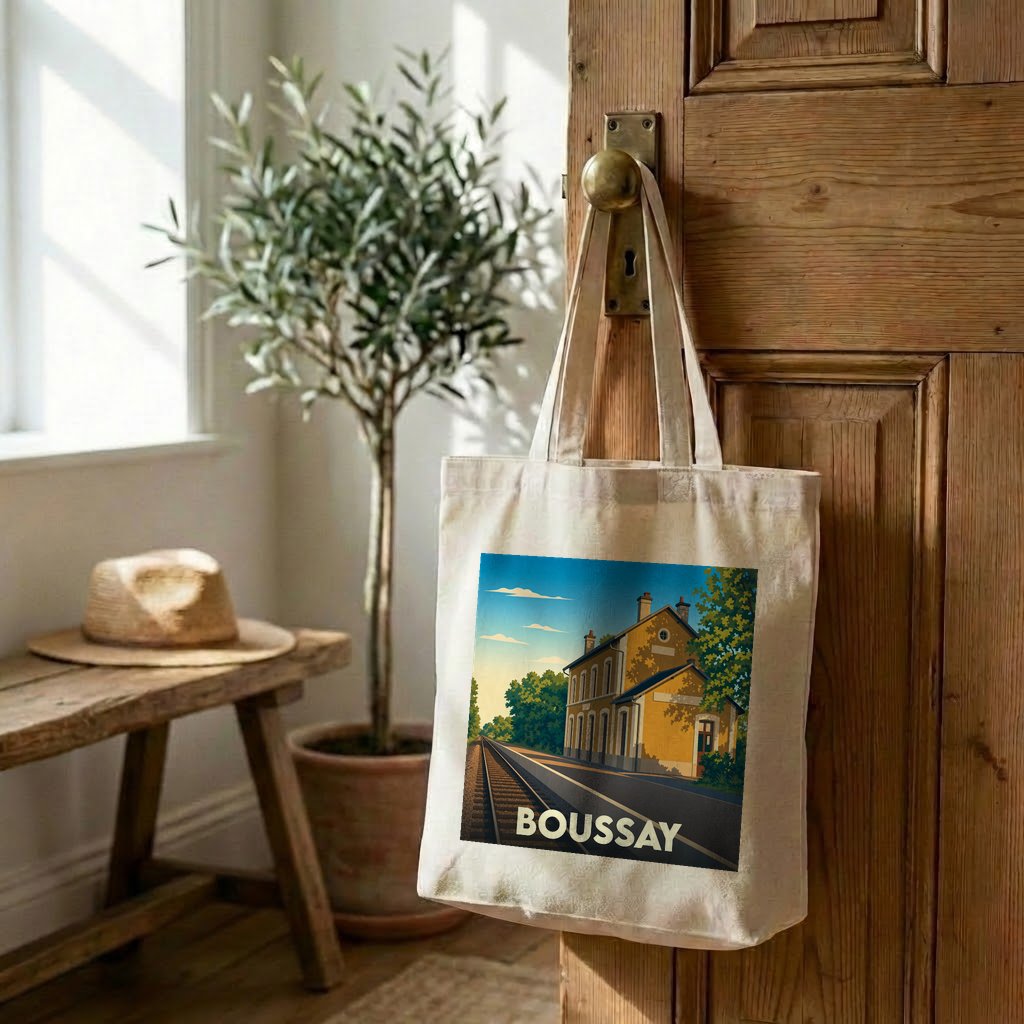 Tote bag souvenir de la ville de Boussay avec une illustration stylisée d'une gare.