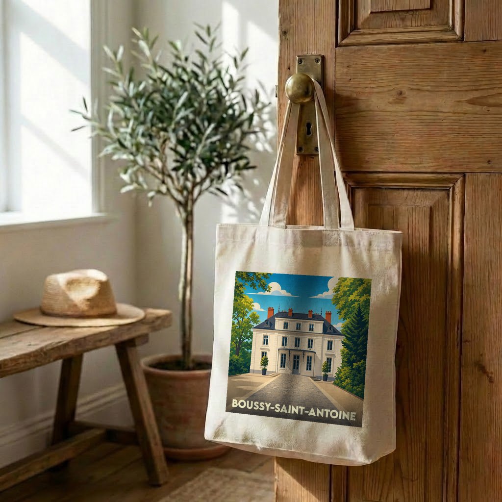 Tote bag souvenir de la ville de Boussy-Saint-Antoine avec une illustration stylisée d'un château.