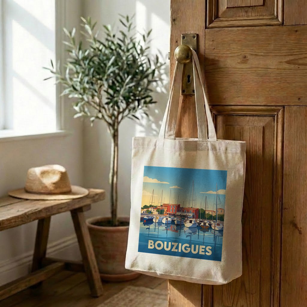 Tote bag souvenir de la ville de Bouzigues avec une illustration stylisée.