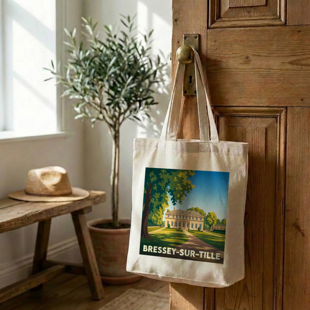 Tote bag souvenir de la ville de Bressey-sur-Tille avec une illustration de style affiche rétro.