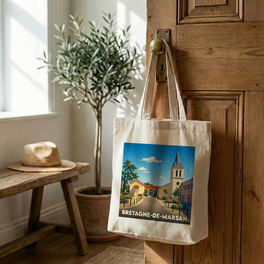 Tote bag souvenir de la ville de Bretagne-de-Marsan avec une illustration stylisée.