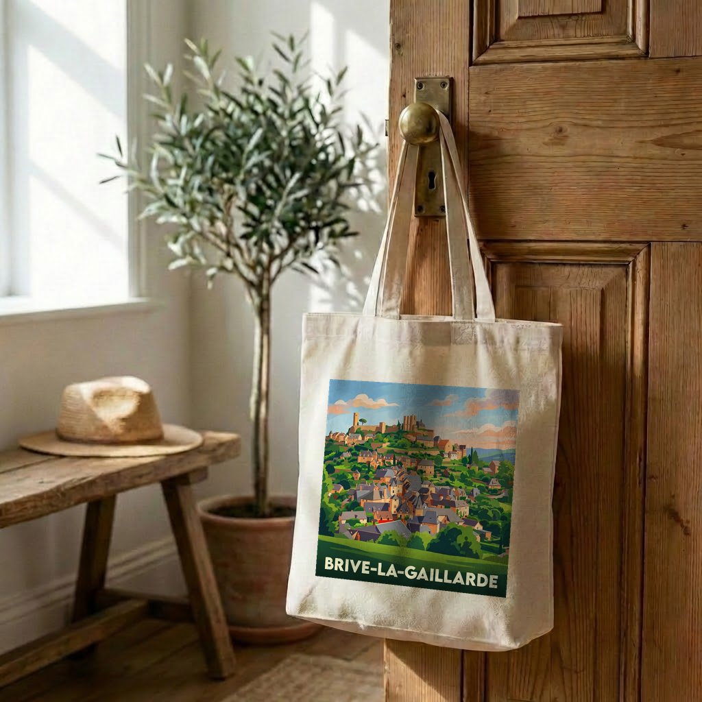 Tote bag souvenir de la ville de Brive-la-Gaillarde avec une illustration stylisée du paysage urbain.