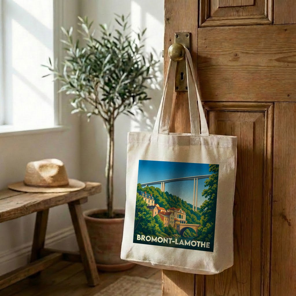 Tote bag souvenir de la ville de Bromont-Lamothe avec une illustration graphique et colorée.