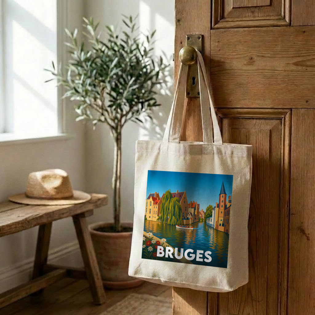 Tote bag souvenir de la ville de Bruges avec une illustration stylisée.