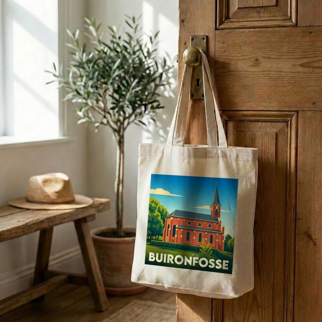 Tote bag souvenir de la ville de Buironfosse avec une illustration stylisée de son église.