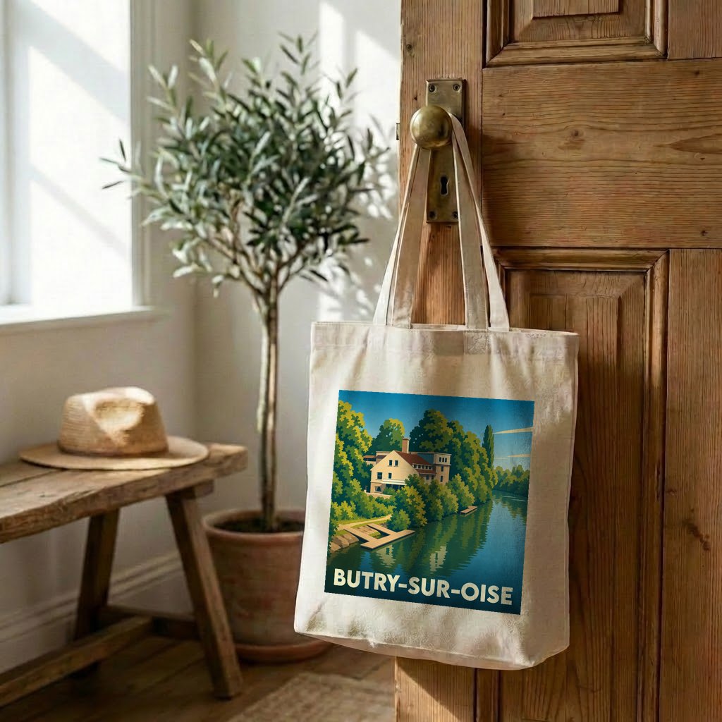 Tote bag souvenir de la ville de Butry-sur-Oise avec une illustration stylisée.